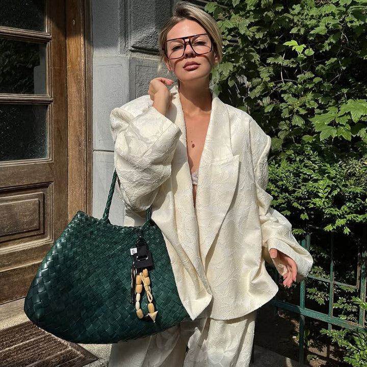 Damen Zweiteiliges Jacquard-Hosen-Set mit Oversize-Boxy-Blazer und hochgeschnittener Palazzo-Hose Drune