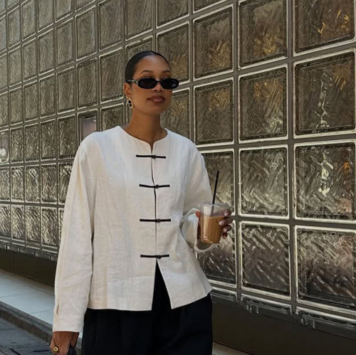 Damen Boxy Leinenbluse mit Knebelverschlüssen und asymmetrischem Saum Drune