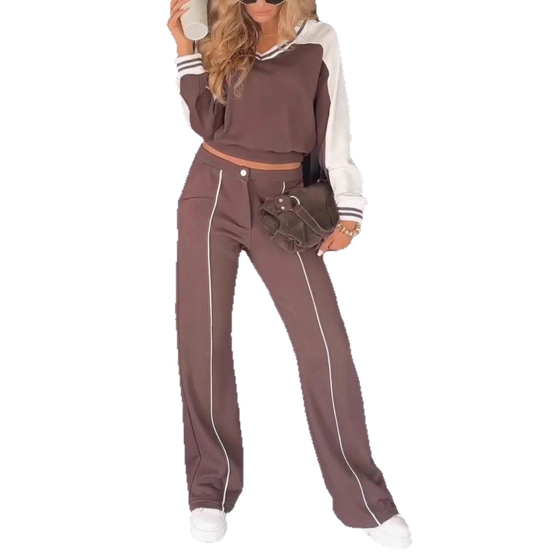 Damen nan sportlich-elegantes Zweiteiler-Set aus Baumwollmix mit V-Ausschnitt Sweatpullover und hochgeschnittener Schlaghose Drune