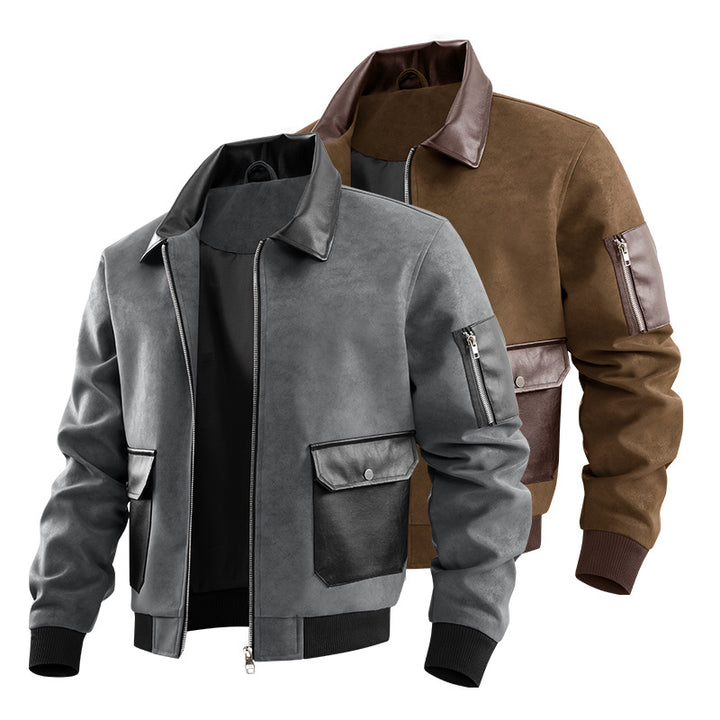 Herren Modische Kunstleder-Bomberjacke mit zahlreichen Taschen Drune