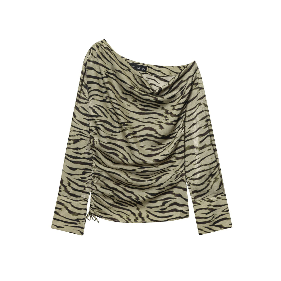 Damen nan drapiertes Langarmtop mit Wasserfallkragen, seitlicher Raffung und Tunnelzug Drune