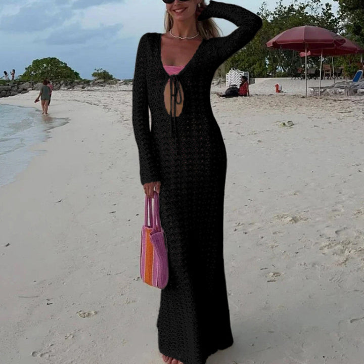 Damen Elegantes gehäkeltes Strandkleid mit tiefem V-Ausschnitt und luftiger Struktur Drune