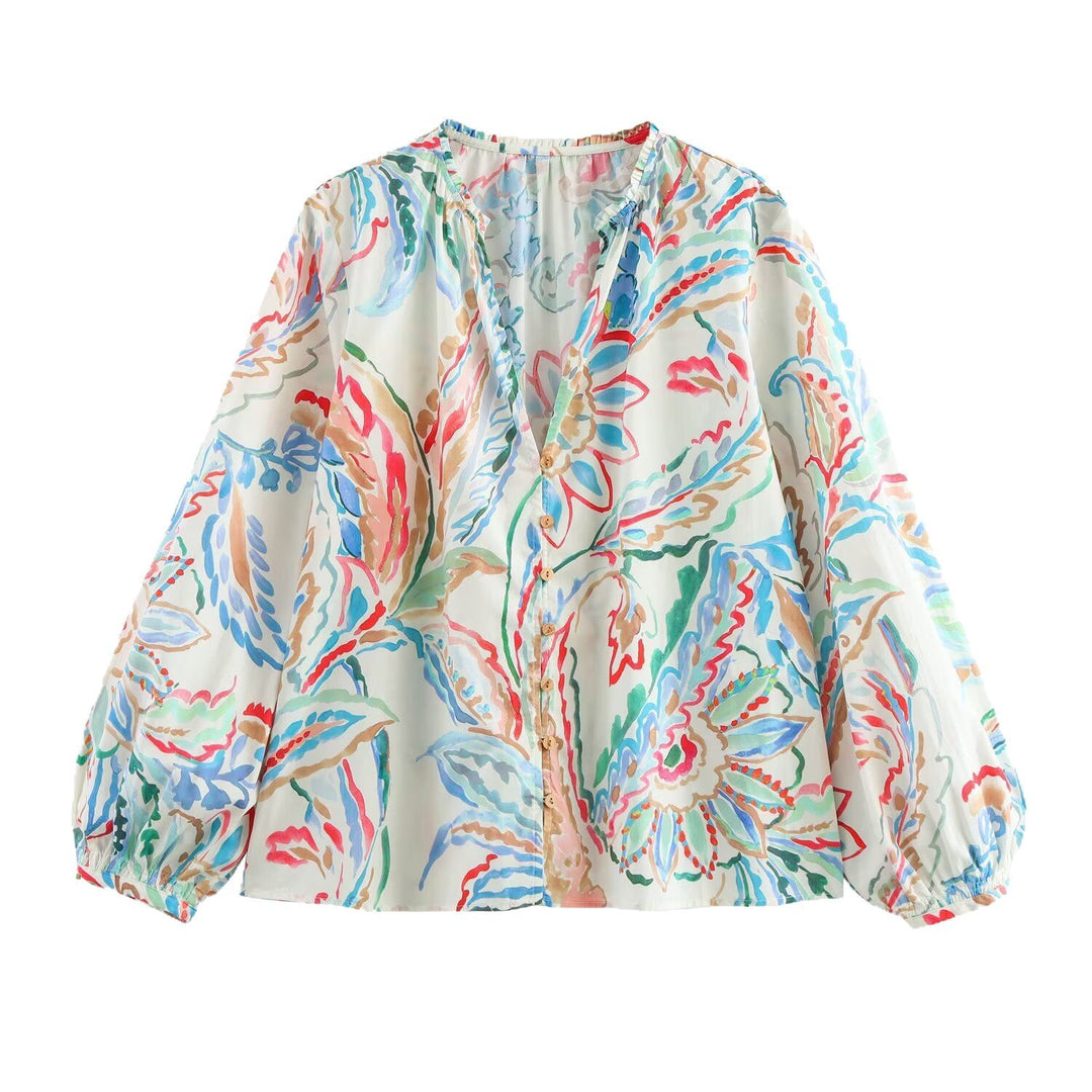 Damen Leichte Viskose-Bluse mit Aquarell‑Floralprint, V‑Ausschnitt und Ballonärmeln Drune