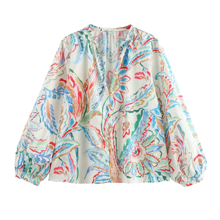 Damen Leichte Viskose-Bluse mit Aquarell‑Floralprint, V‑Ausschnitt und Ballonärmeln Drune