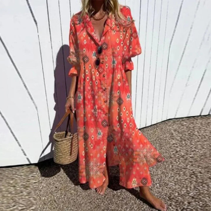 Frauen Fließendes Maxikleid mit Durchgehendem Knopfverschluss V-Ausschnitt und Volksdruck Drune