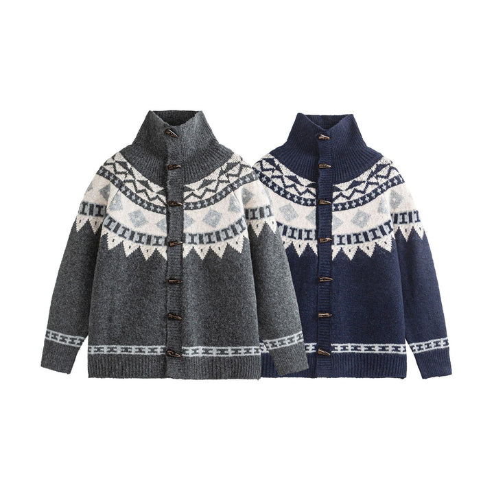 Damen Norwegermuster Strickcardigan mit hohem Stehkragen und Knebelverschlüssen Drune