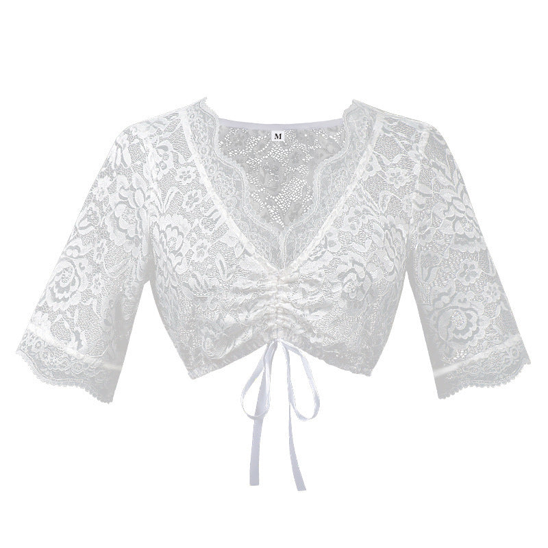 Damen nan Spitzenbolero Bluse mit Stehkragen, 3/4 Ärmeln und Bindeband Drune