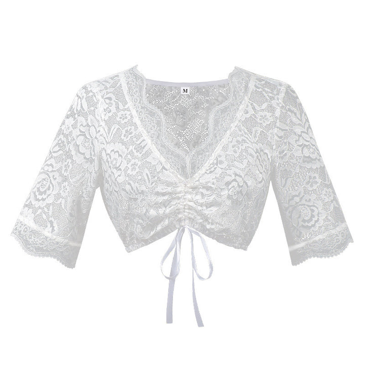 Damen nan Spitzenbolero Bluse mit Stehkragen, 3/4 Ärmeln und Bindeband Drune