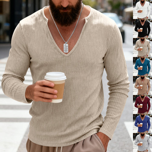 Herren nan geripptes V-Ausschnitt Langarmshirt aus leichter Baumwollmischung Drune