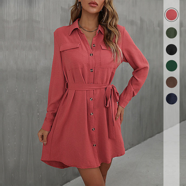 Damen Knielanges Hemdblusenkleid mit Taillengürtel Drune