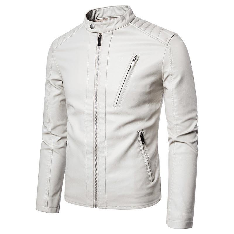 Herren Slim-Fit Kunstleder-Motorradblouson mit gesteppter Schulterpartie und hochgeschlossenem Stehkragen Drune