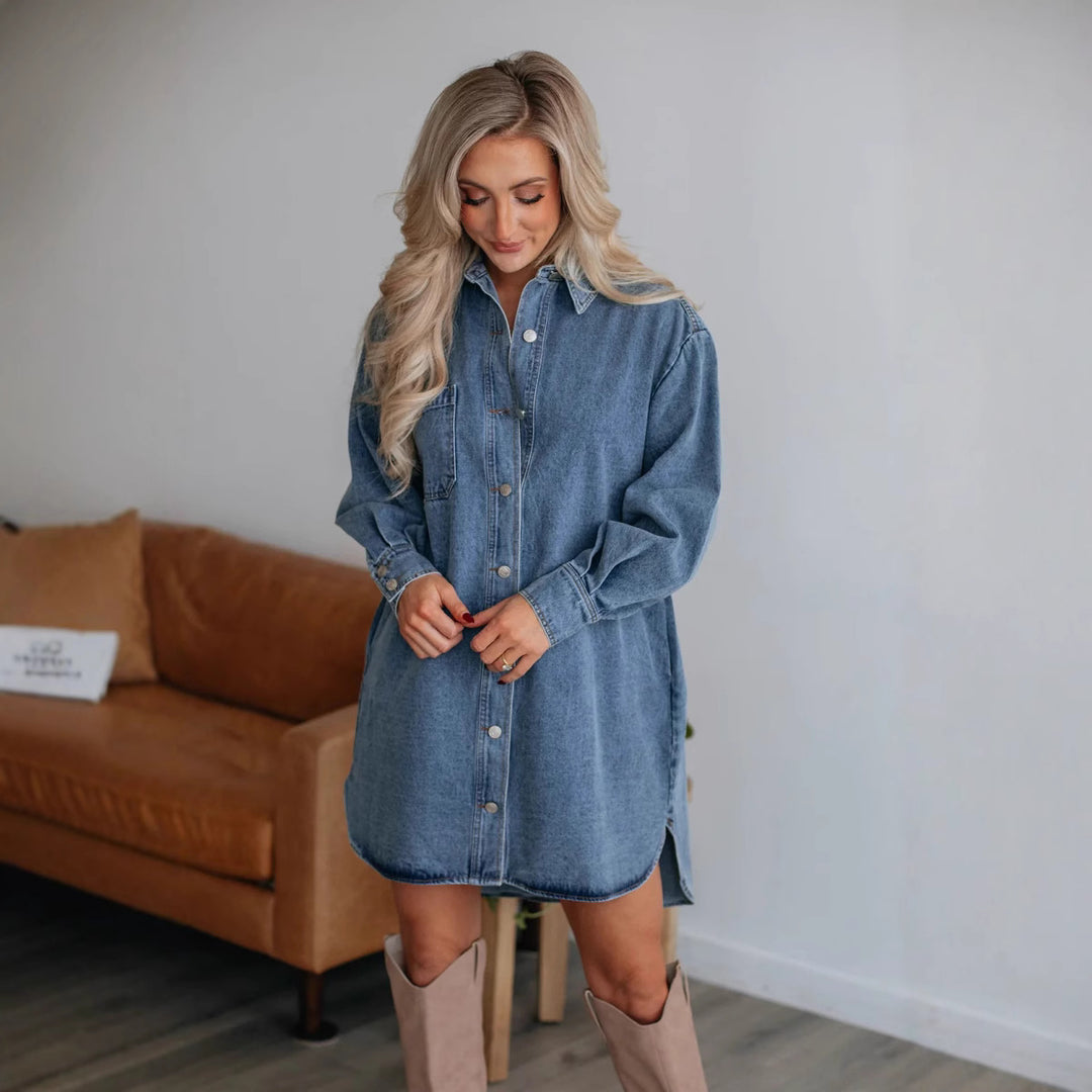 Damen Denim Hemdkleid mit exklusivem Gürtel und praktischen Taschen Drune