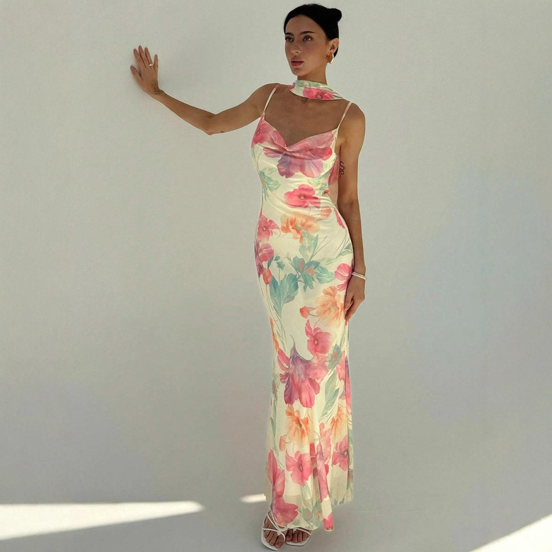 Damen Maxikleid mit raffinierten Spaghettiträgern und floralem Design Drune