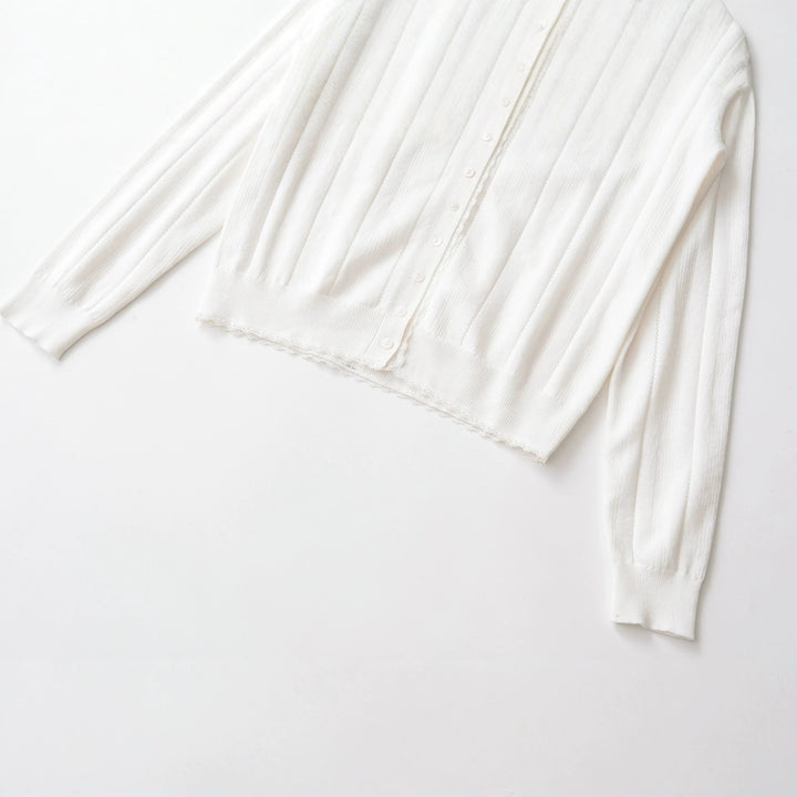 Damen Cropped Feinstrick-Cardigan mit Lochstreifen, Rundhals und Zierknopfleiste Drune