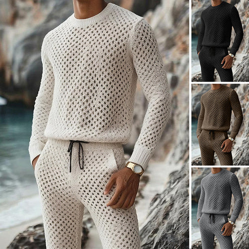 Herren Strukturstrick-Pullover mit feinmaschigem Lochmuster und Rundhals Drune
