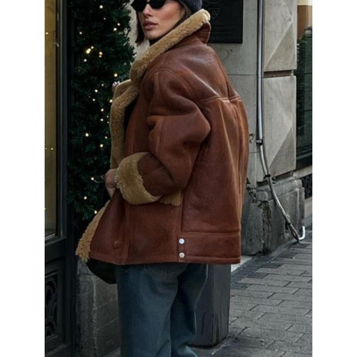 Damen Oversize Lammfell‑Optik Fliegerjacke mit voluminösem Schalkragen Drune