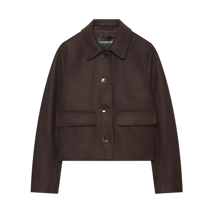 Damen Kurzer boxy Wollblouson mit Hemdkragen und Pattentaschen Drune
