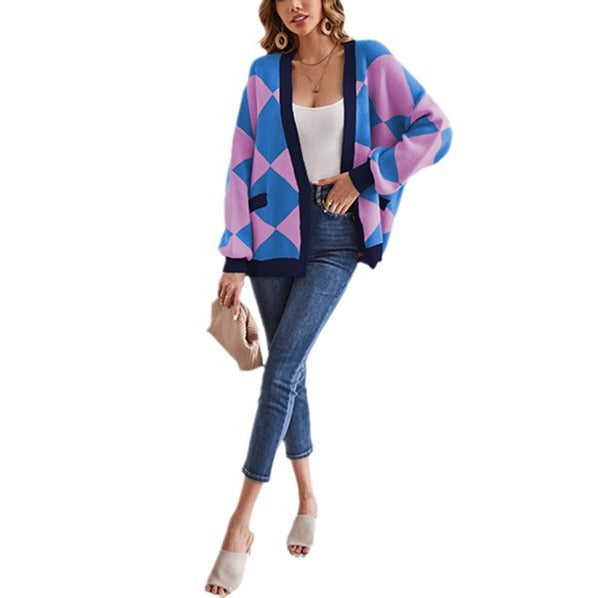 Damen kreativer Strickcardigan mit geometrischem Muster Drune