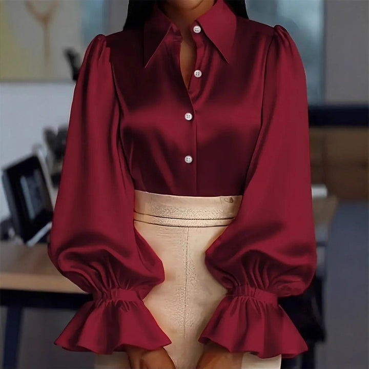 Damen elegante Seidenbluse mit Puffärmeln und schicker Knopfleiste Drune