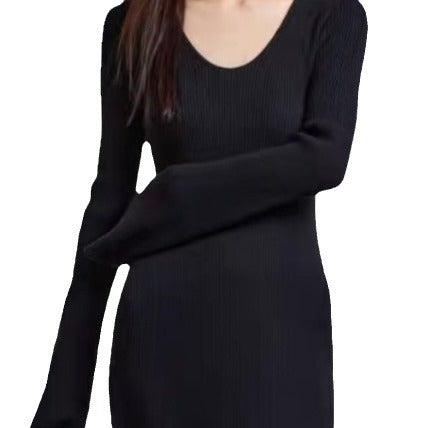 Damen elegantes Maxikleid mit feiner Rippstruktur und V-Ausschnitt Drune