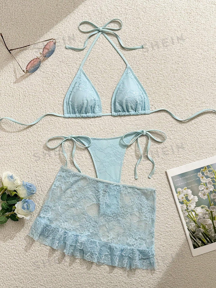 Damen Spitzen-Bikini mit floralem Design und fließendem Rock Drune