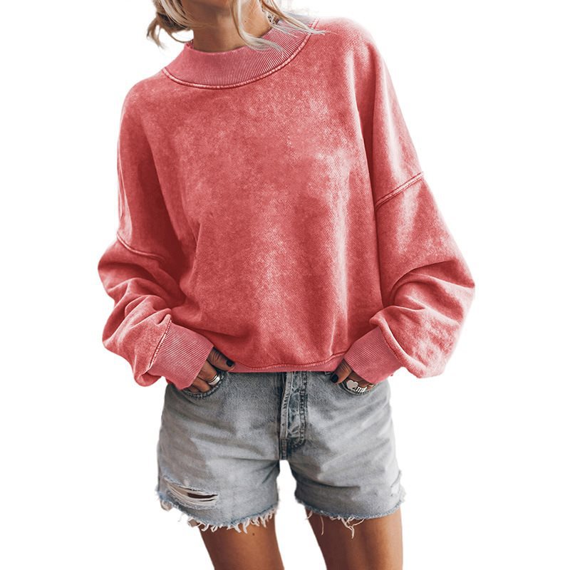 Damen lässiger Sweatshirt mit hohem Kragen und überschnittenen Schultern Drune