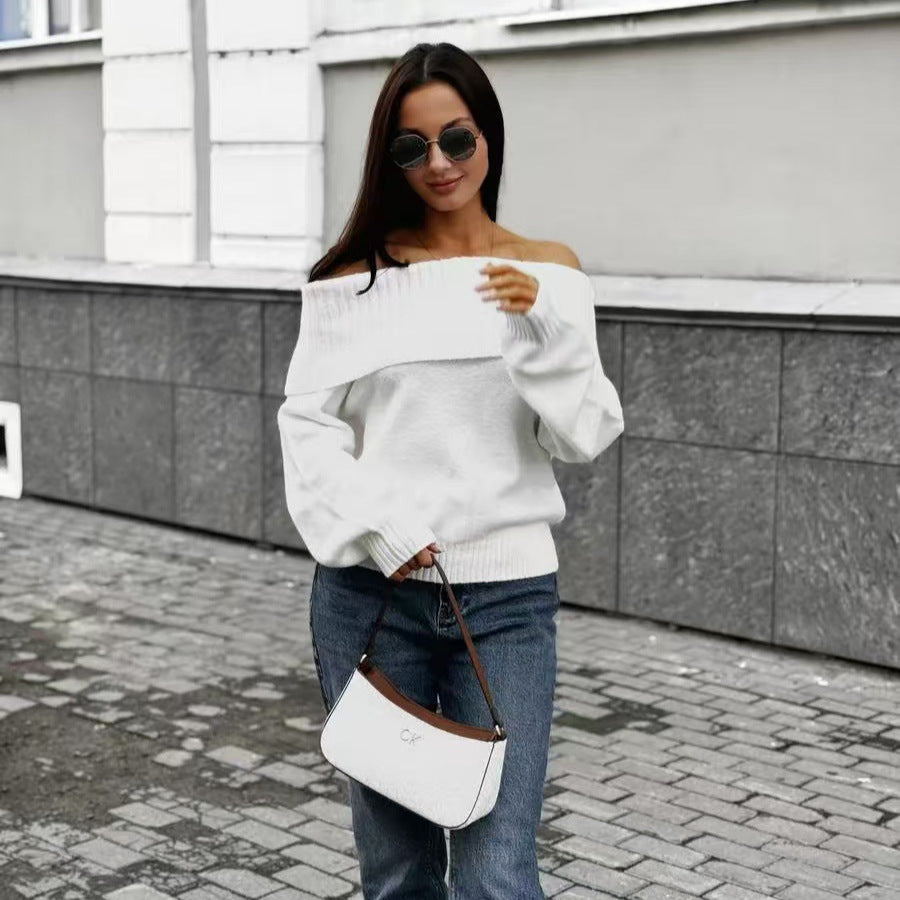 Damen eleganter Pullover mit weitem Rippkragen und weichem Material Drune