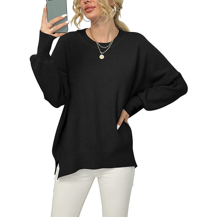 Damen Oversize-Feinstrickpullover mit Rundhalsausschnitt, überschnittener Schulter und Seitenschlitzen Drune
