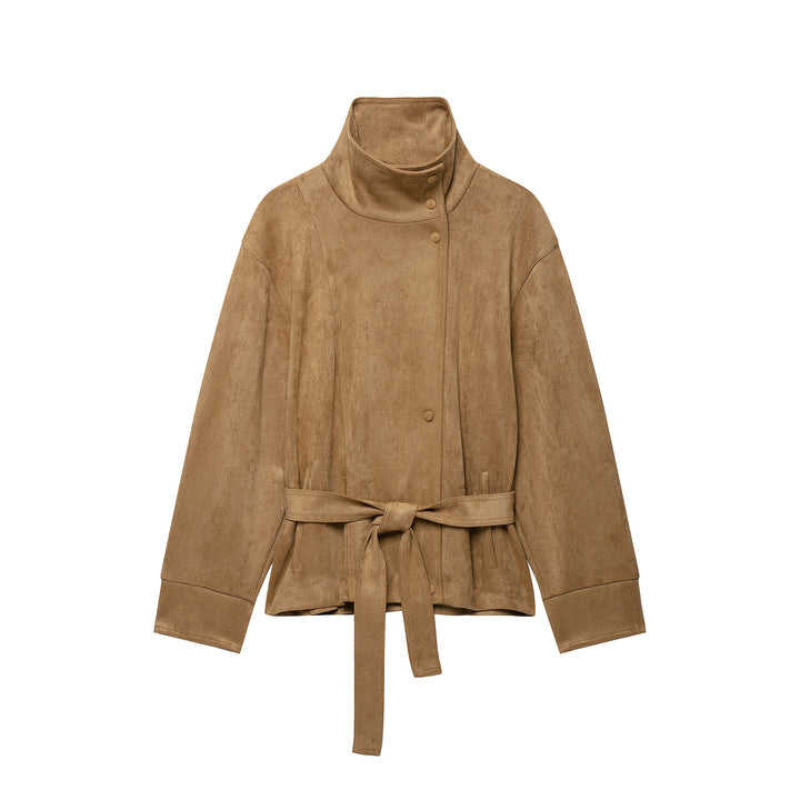 Damen Kurze Veloursleder-Utilityjacke mit hohem Stehkragen und Bindegürtel Drune