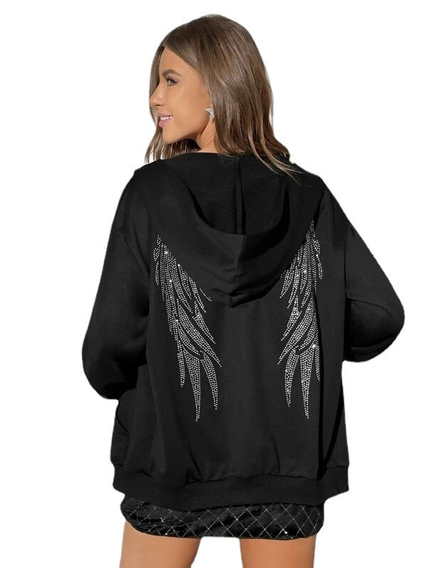 Damen nan Oversize Kapuzenpullover mit funkelndem Strass-Engelsflügel-Rücken Drune