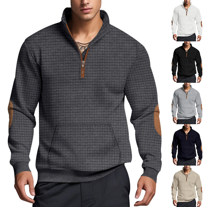 Herren nan gestepptes Halfzip-Sweatshirt mit Stehkragen, Kängurutasche und Kunstleder-Ellenbogenpatches Drune