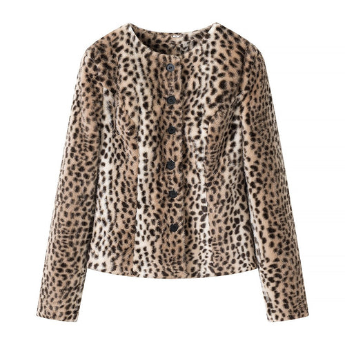 Damen Kurzjacke aus Kunstfell mit Leopardenmuster und Knopfleiste Drune