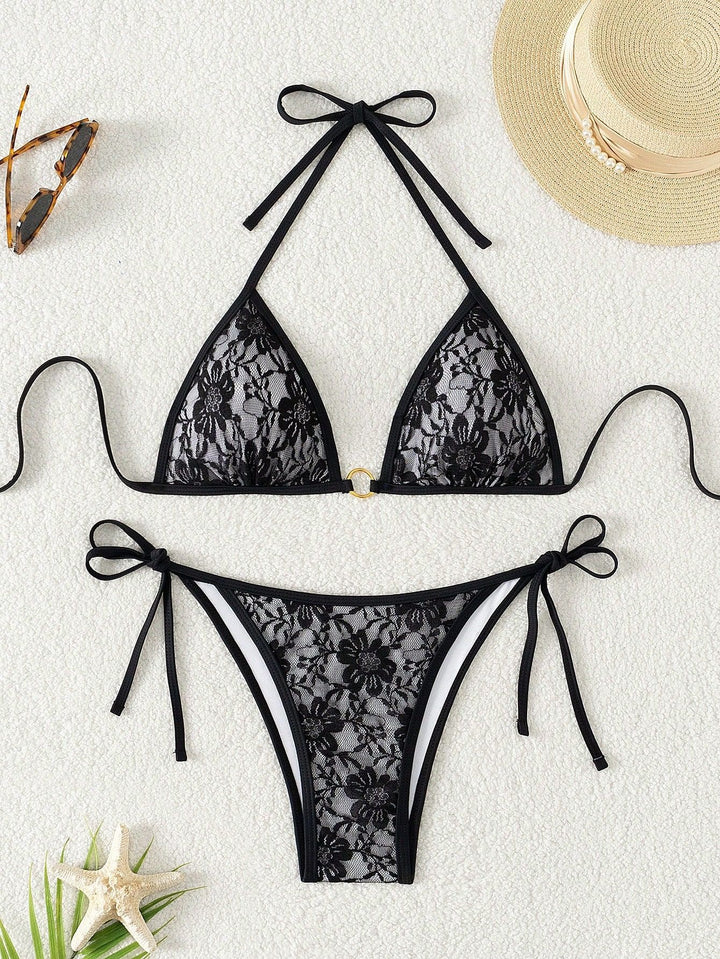 Damen Spitze Triangel-Bikini mit raffinierten Bindebändern Drune