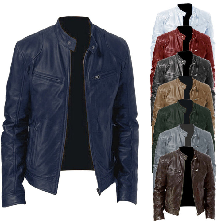 Herren nan schlanke Echtleder-Bikerjacke mit Stehkragen, zwei Brust-Reißverschlusstaschen und geradliniger Silhouette Drune
