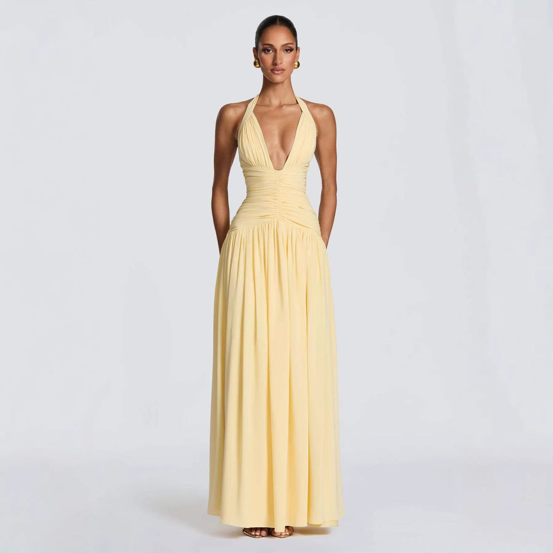 Damen Elegantes Maxikleid mit halterlosem Ausschnitt und raffiniertem Faltenwurf Drune
