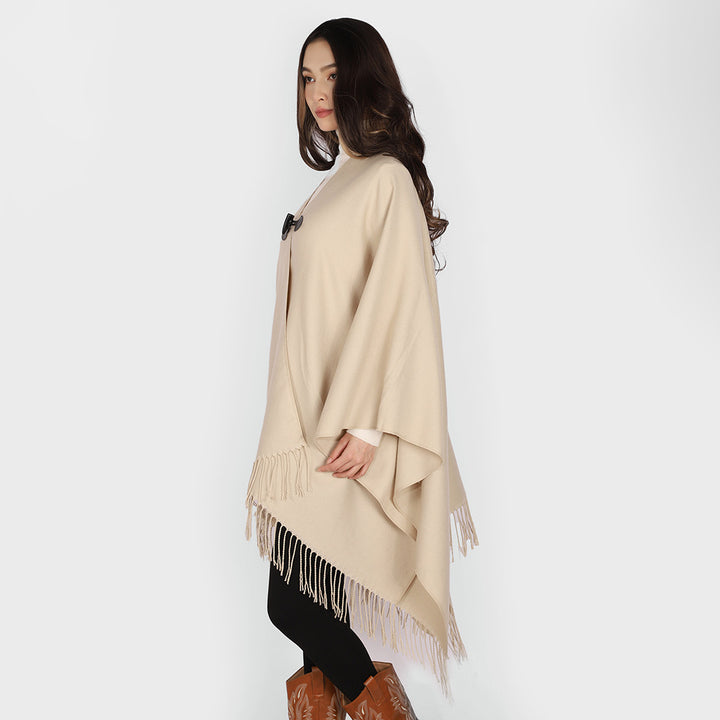 Damen Kastiger Cape-Überwurf mit Fransen und Knebelverschluss Drune