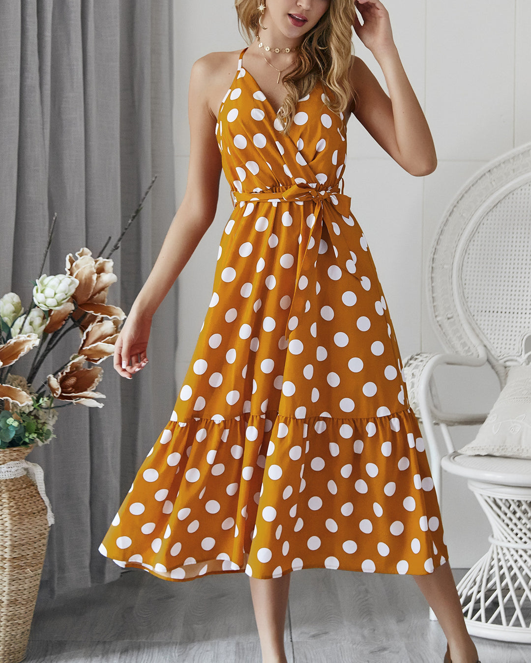 Damen Maxikleid mit Polka-Dots und Rüschen von Drune