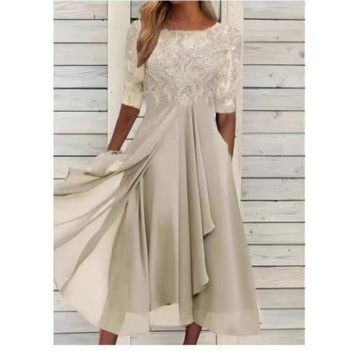 Damen Elegantes Midikleid mit Spitzenärmeln und schwingendem Rock Drune