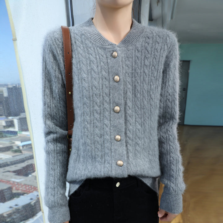 Damen Leichter Zopfstrick-Cardigan in Mohair‑Optik mit dekorativen Perlmuttknöpfen Drune