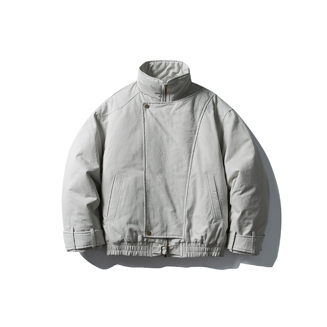 Herren Voluminöser Stehkragen-Bomber mit asymmetrischer Frontpatte und Taillen-Buckle Drune
