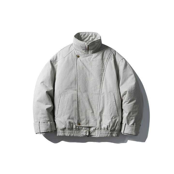 Herren Voluminöser Stehkragen-Bomber mit asymmetrischer Frontpatte und Taillen-Buckle Drune