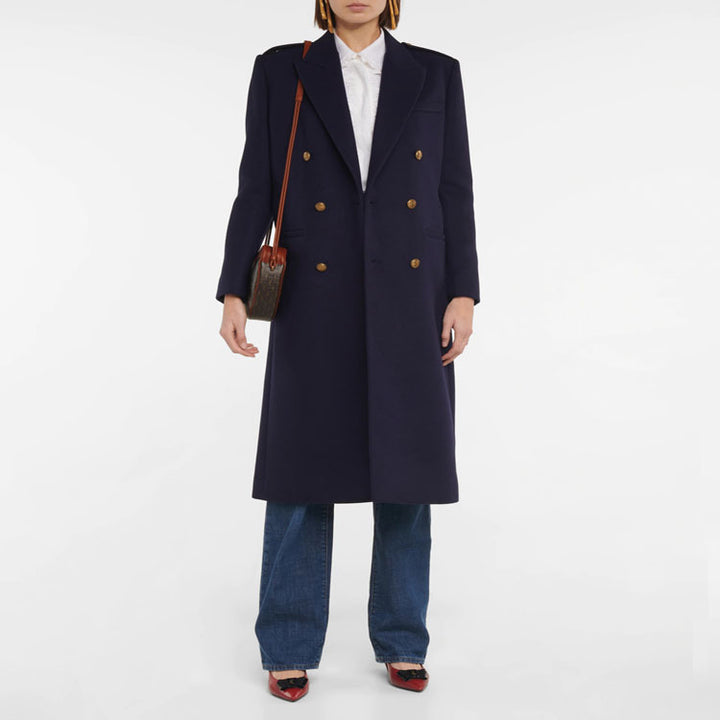 Damen Doppelreihiger Wollmix-Longcoat mit Epauletten und strukturierter Tailoring-Silhouette Drune