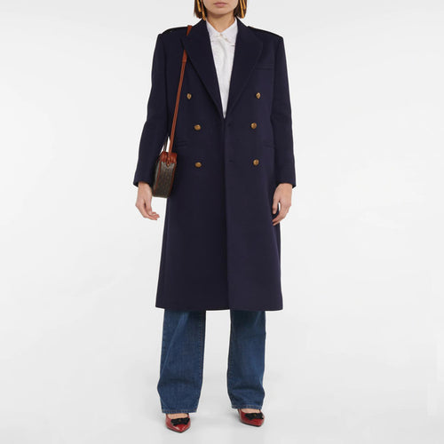 Damen Doppelreihiger Wollmix-Longcoat mit Epauletten und strukturierter Tailoring-Silhouette Drune