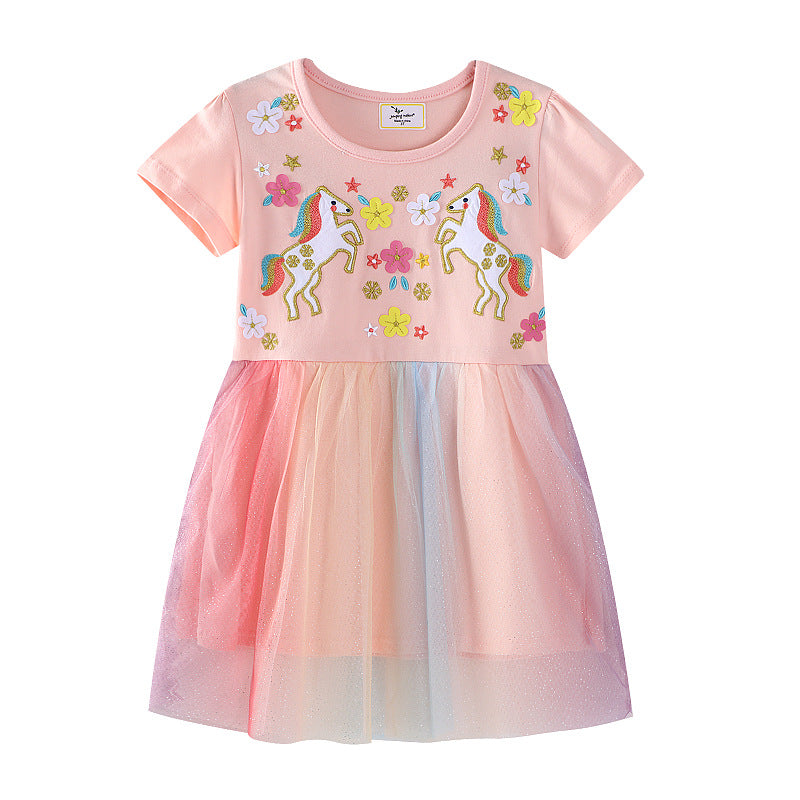 Mädchen Tüllkleid mit Einhorn-Stickerei und bunten Applikationen Drune