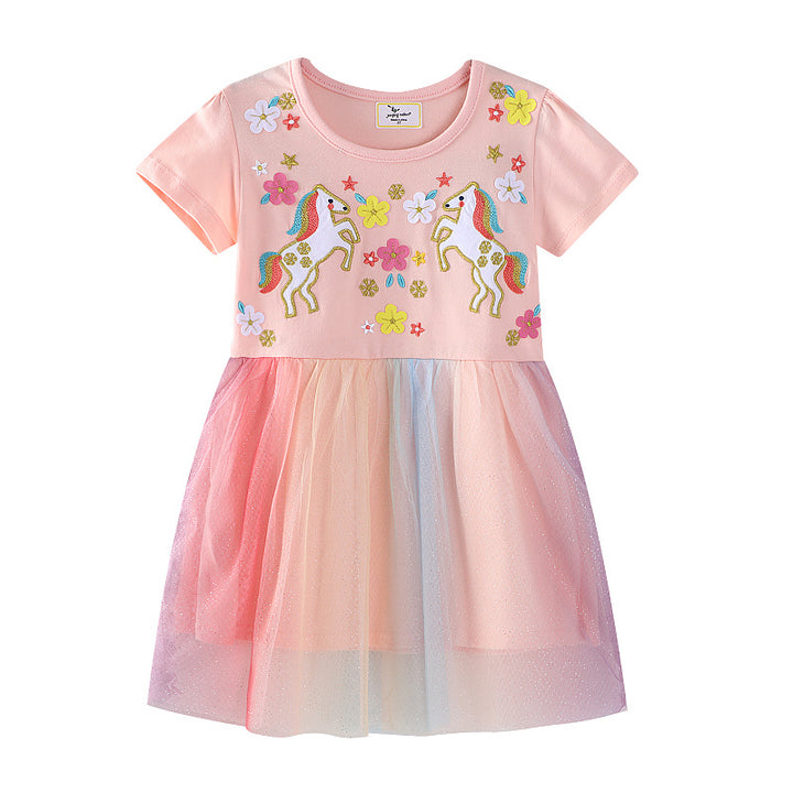 Mädchen Tüllkleid mit Einhorn-Stickerei und bunten Applikationen Drune