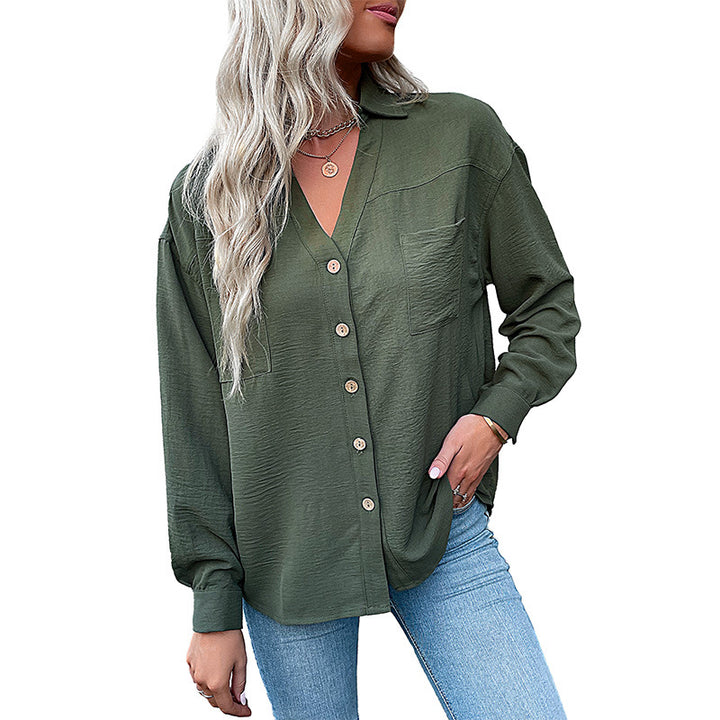 Damen Oversize Crinkle‑Hemdbluse mit V‑Ausschnitt, sichtbarer Knopfleiste und Brusttasche Drune