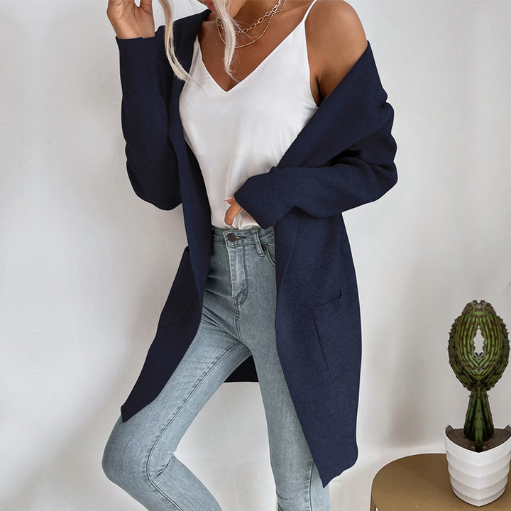 Damen Langer gerippter Cocoon-Cardigan aus leichtem Feinstrick mit Eingrifftaschen Drune