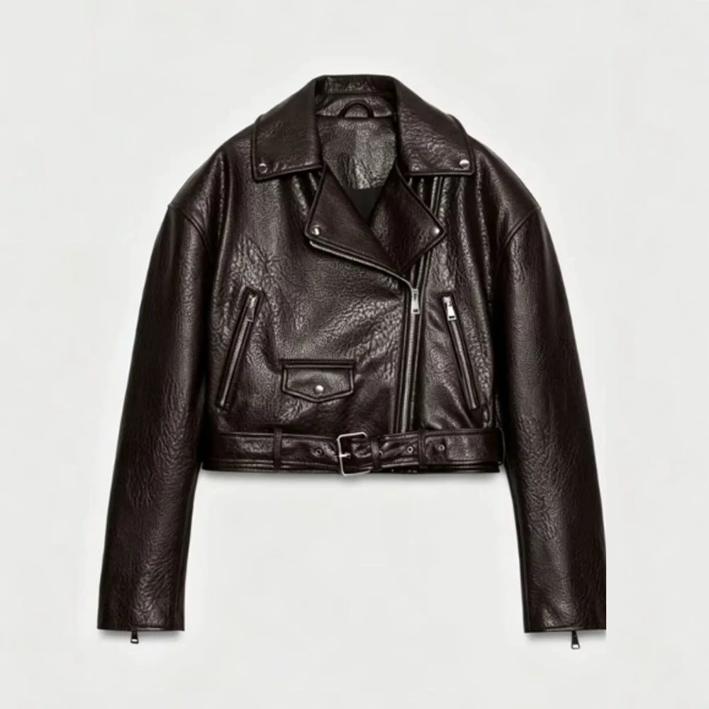 Damen Kurz geschnittene Bikerjacke aus Kunstleder mit Taillengürtel und asymmetrischem Reißverschluss Drune