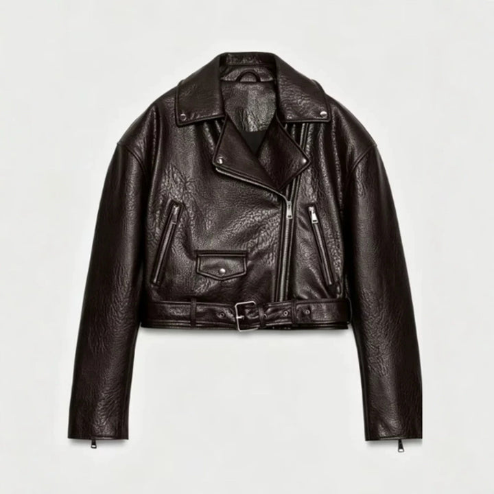 Damen Kurz geschnittene Bikerjacke aus Kunstleder mit Taillengürtel und asymmetrischem Reißverschluss Drune