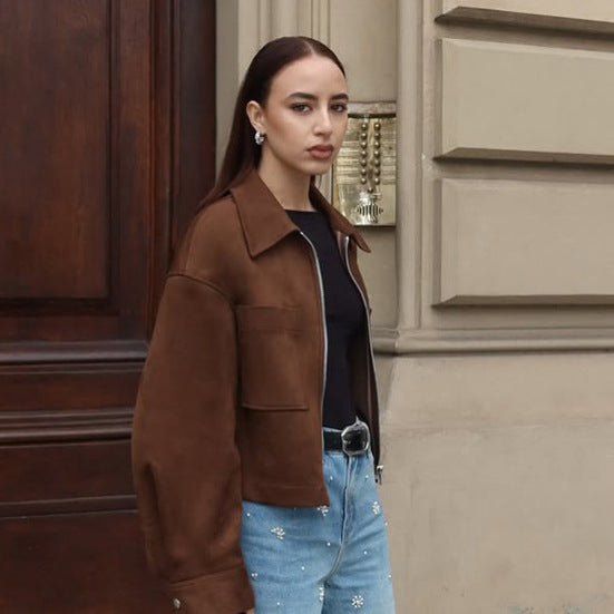 Damen Kurze Veloursleder‑Optik Jacke mit Reißverschluss und Oversize‑Ärmeln Drune